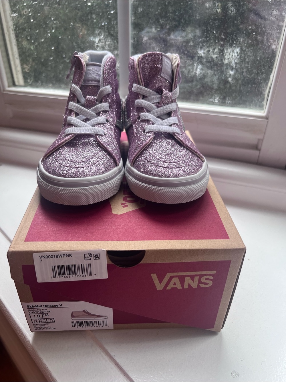 Vans Sk8-Mid Reissue V Toddler 7 Pink Glitter Zip High Top Sneakers Silver + Box